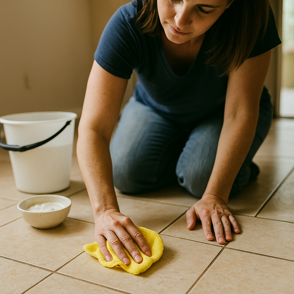 Woman kneeling and cleaning a tiled floor with a microfiber cloth, bucket and cleaning paste nearby, in natural light.